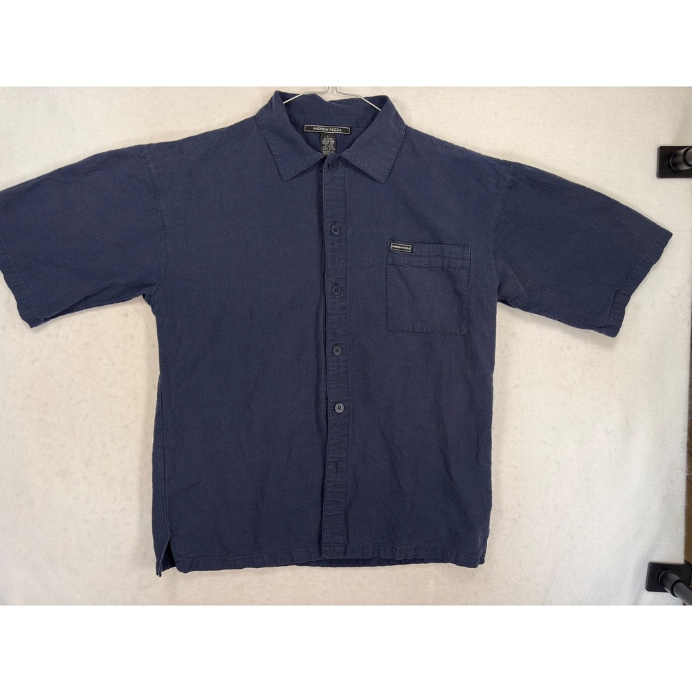 Andrew Fezza Mens Navy Blue Linen Cotton Short Sleeve Button Down Shirt Large